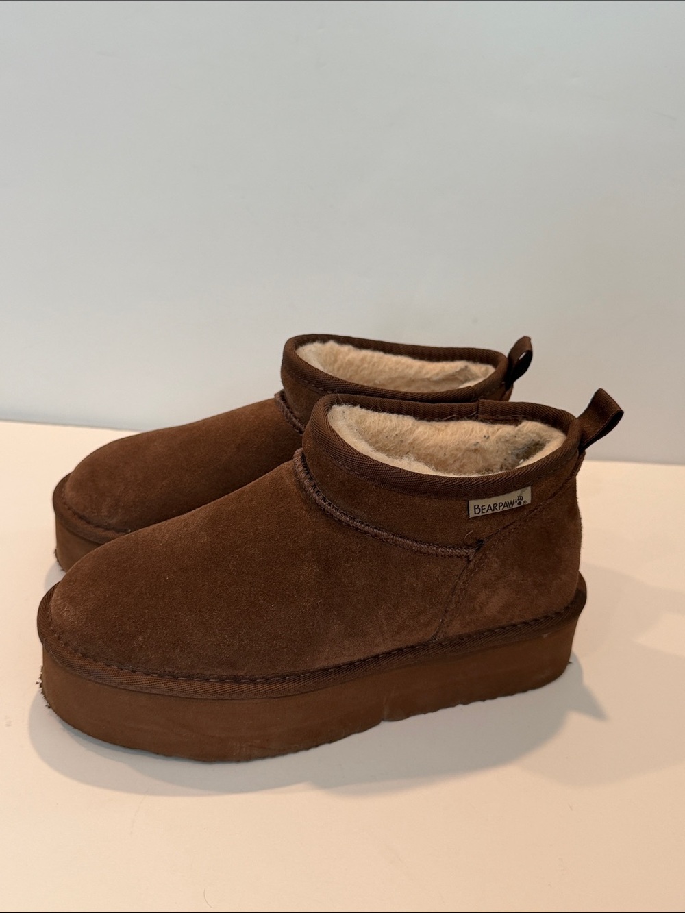 BearPaw Retro Shorty Brown Suede Platform Leather Ankle Boots Shearling Lining 8 - Picture 3 of 8
